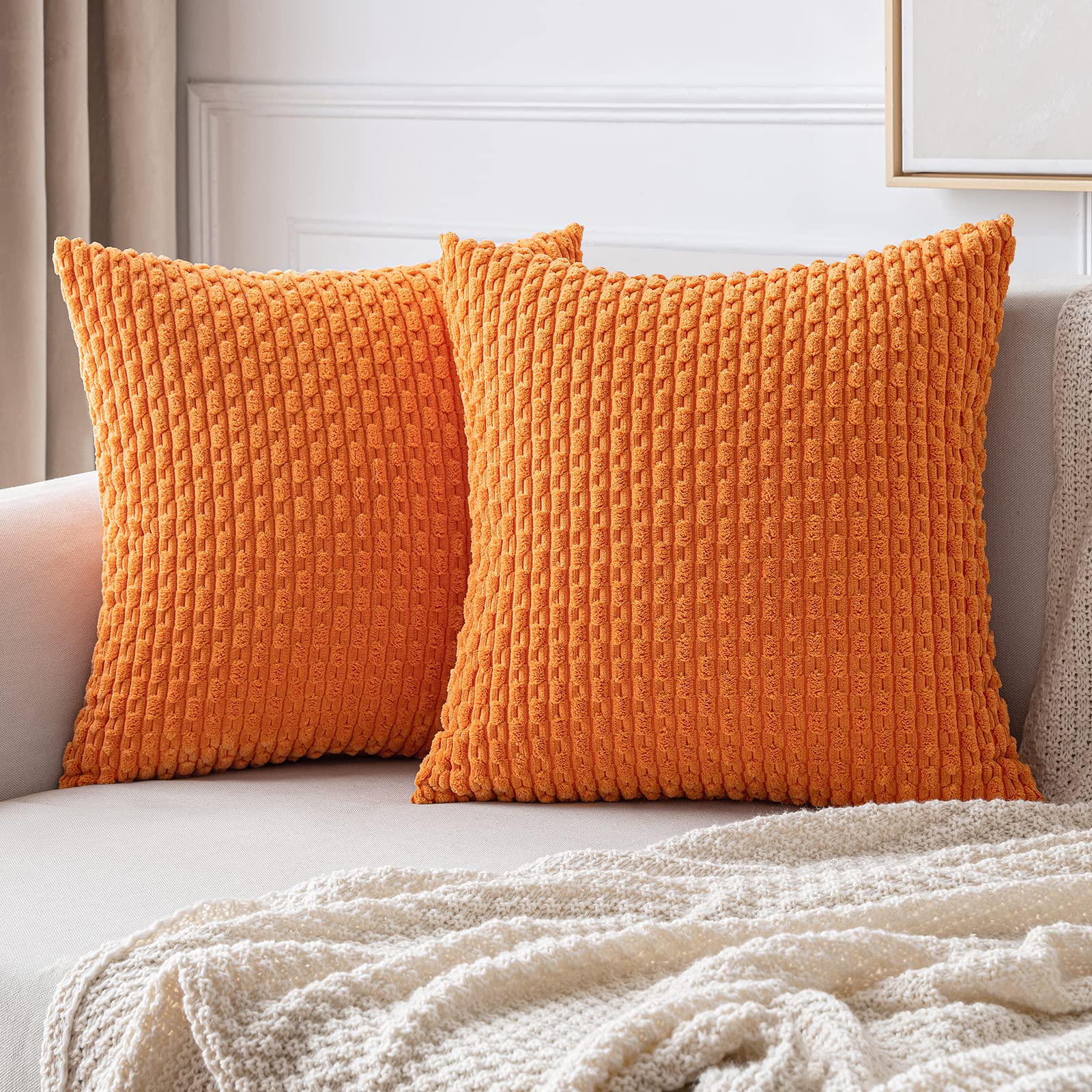 Photo 1 of MIULEE Fall Orange Throw Pillow Covers Soft Corduroy Decorative Euro Sham Set of 2 Boho Striped Pillow Covers Pillowcases Farmhouse Home Decor for Halloween Couch Bed Sofa Living Room 24x24 Inch