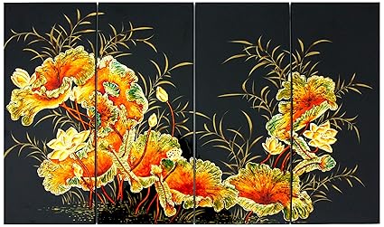 Set De Tableau En Bois Laqué 50x80cm Fleur De Lotus Doré