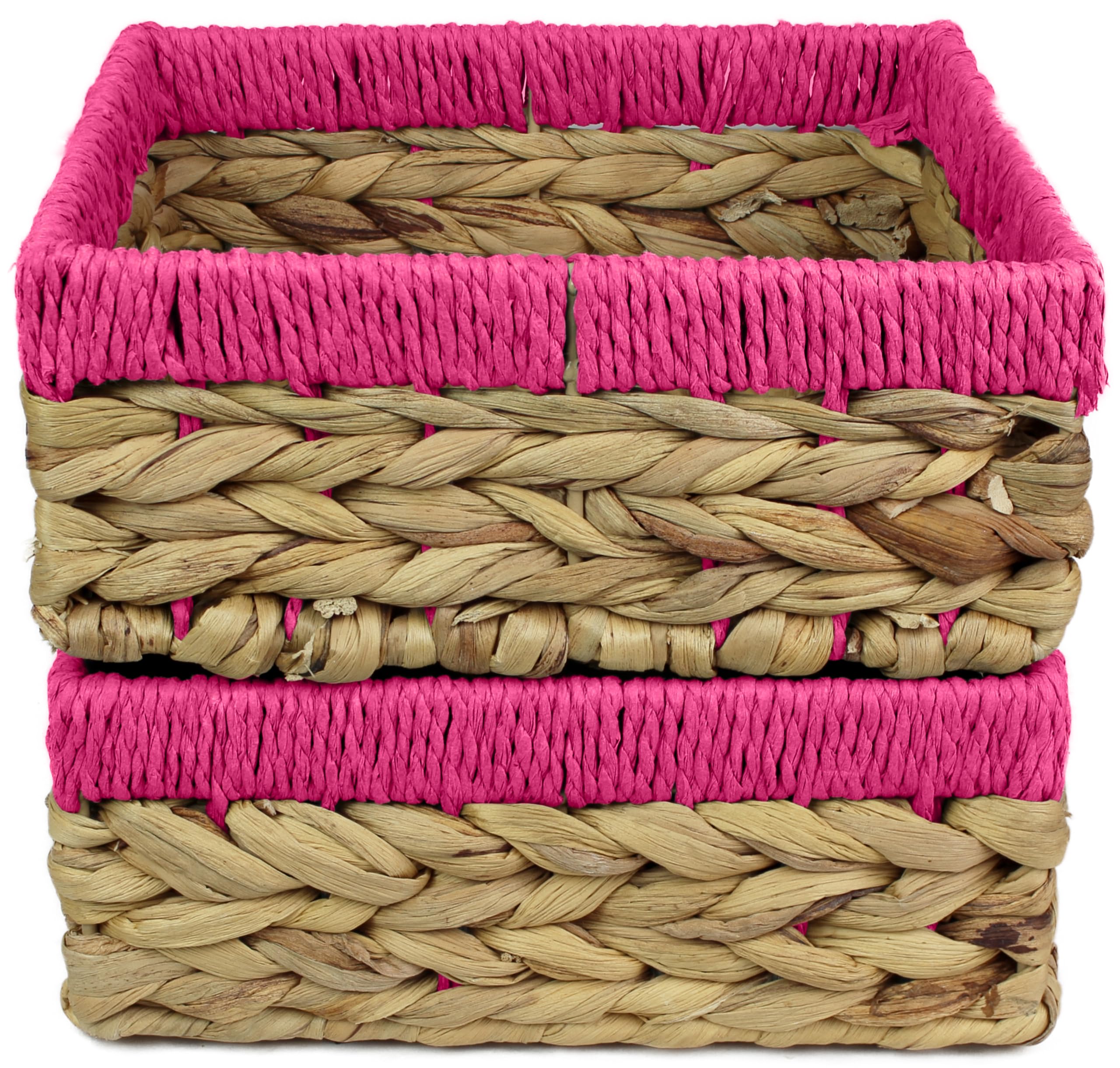 Small Water Hyacinth Square baskets for storage. Natural with Pink edges for shelves open hamper decorative gift mini tray make up Kitchen organiser (2 x Pack, Large 22cm)