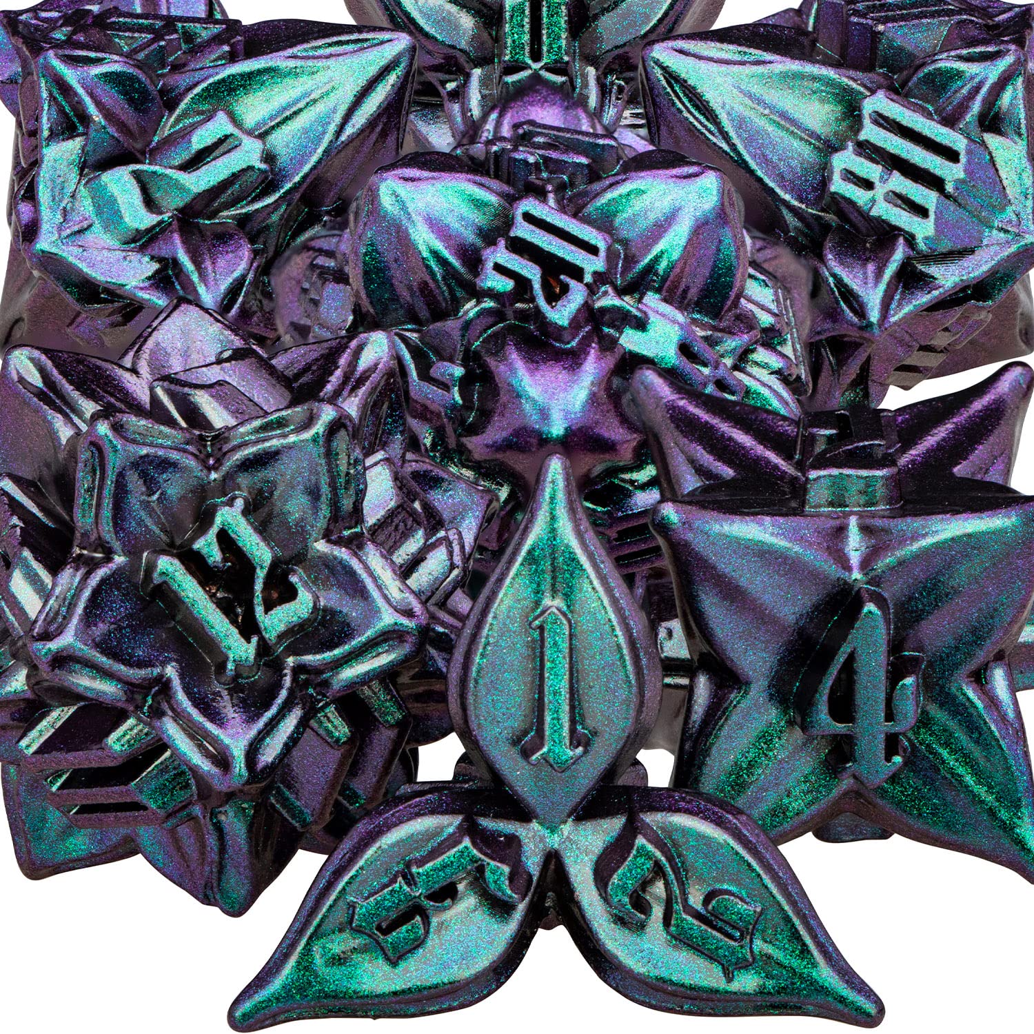 ARUOHHA DND Metal Dice Set Purple Green Leaf Design Polyhedral Dragons Dice with Box, 7PCS Dungeons D and D Dice RPG Role Playing Games D20 D12 D10 D8 D6 — image 1