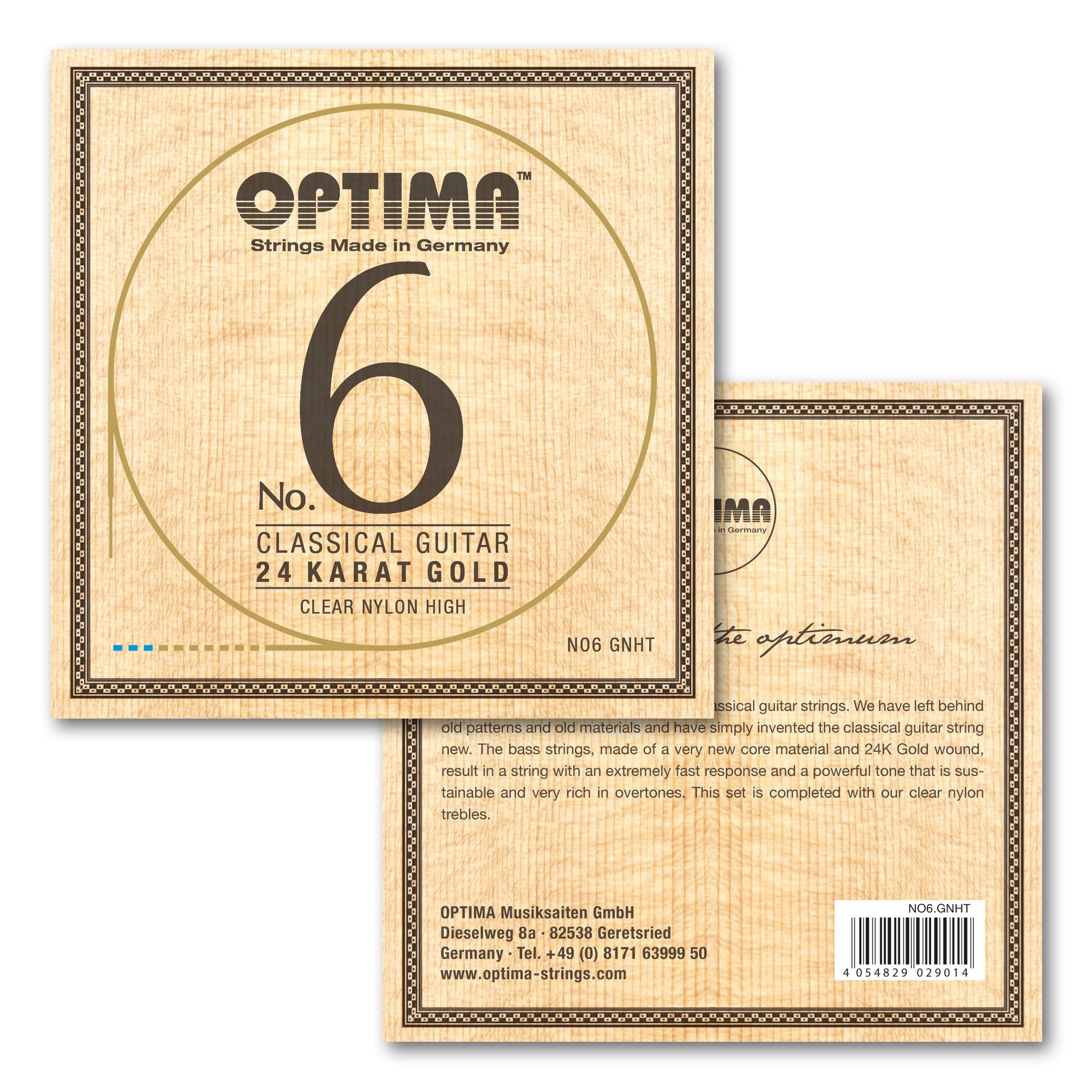 Optima NO6.GNHT Classical Guitar String Set – 24 Karat Gold Bass Strings with Nylon Trebles – Hard/High Tension – Durable String Set for Classical Guitar – Made in Germany
