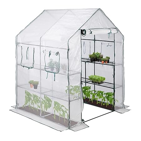 Relaxdays begehbares Gewächshaus, 4 Fenster, 2 Regale, Treibhaus-Folie, Tomatenhaus 2m², HBT 190x140x140 cm, transparent