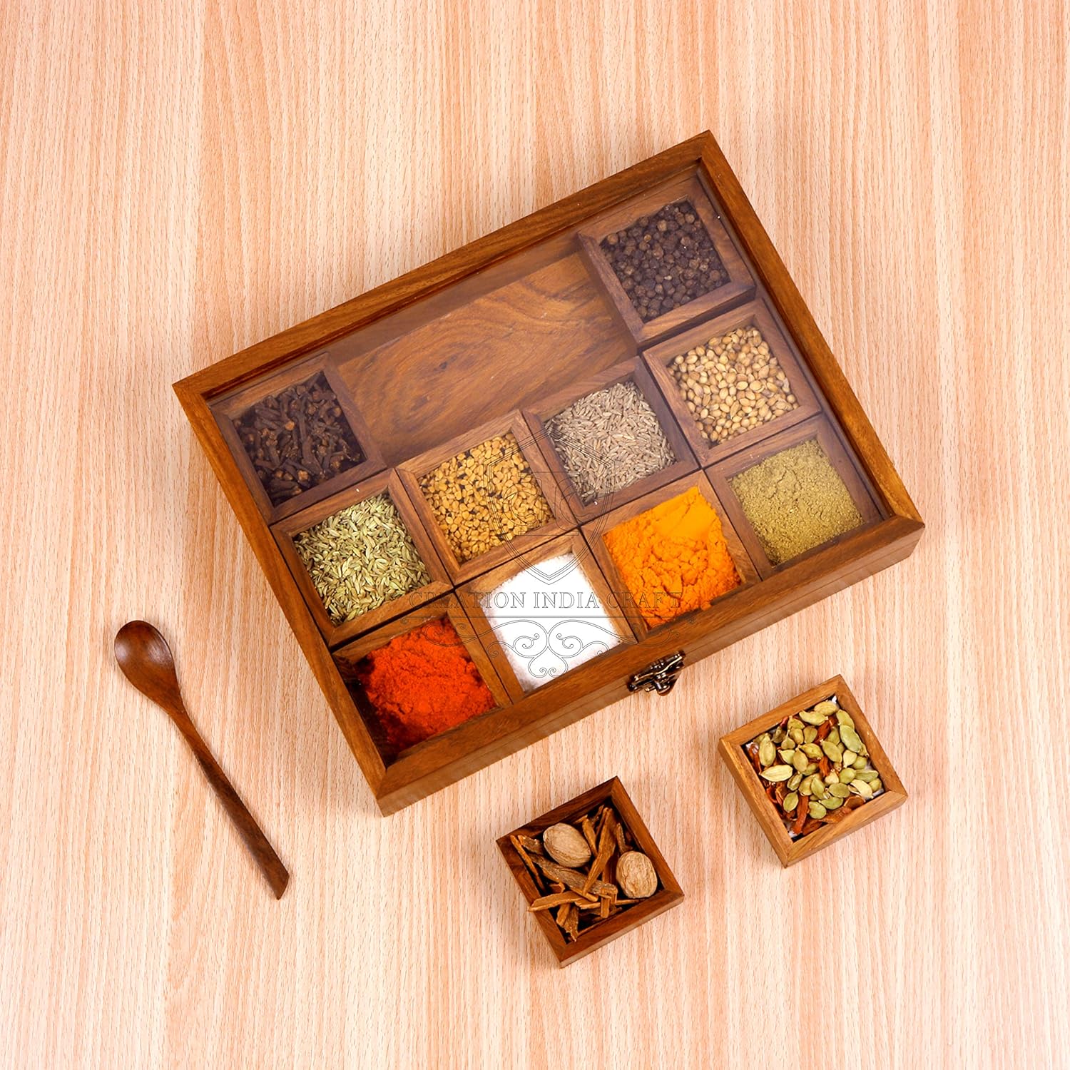 Creation India Craft "Twelve Blends" Wooden Spice Box with 12