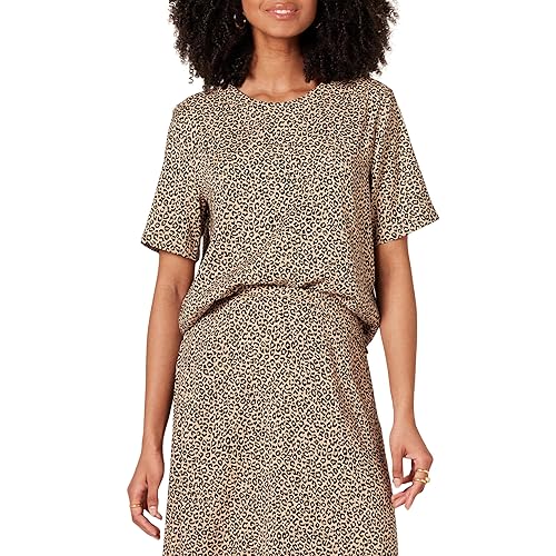 Amazon Essentials Women's Regular-Fit Georgette Short Sleeve Top, Taupe Leopard, X-Small