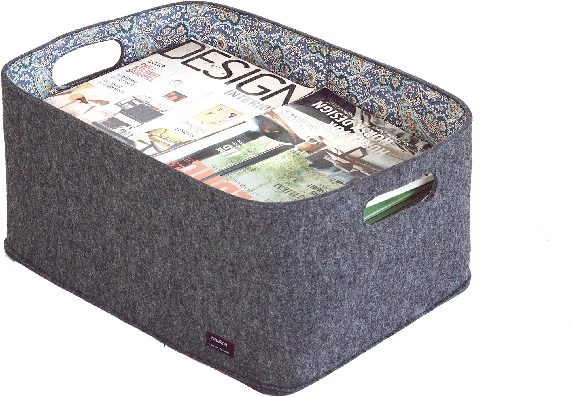 Large Grey Felt Storage Basket W48 x D34 x H22, with a Fashionable Paisley Print Lining. Ideal for Magazines, Toys and General Storage - Scandinavian Design