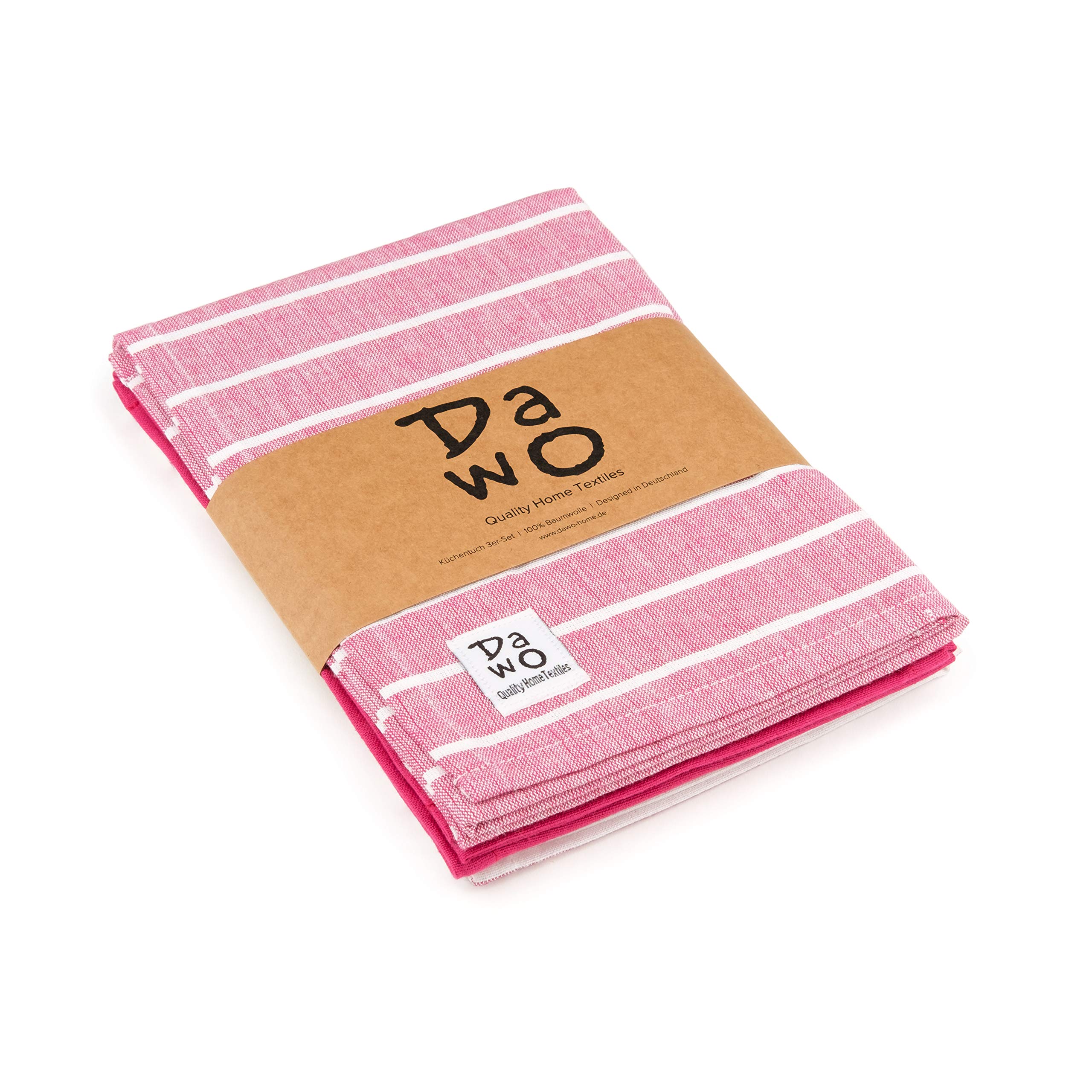 DaWo Set of 3 Tea Towels/Kitchen Towels Made of 100% Cotton in Pink with Hanger | Oeko-Tex Standard | Other Colours Available | 50 x 70 cm | Strong with 200 g/m² (Pink)