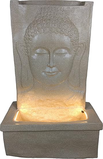 Kaarigari Artifacts Polystone Rock Carved Lord Buddha Face Water Fountain for Home D