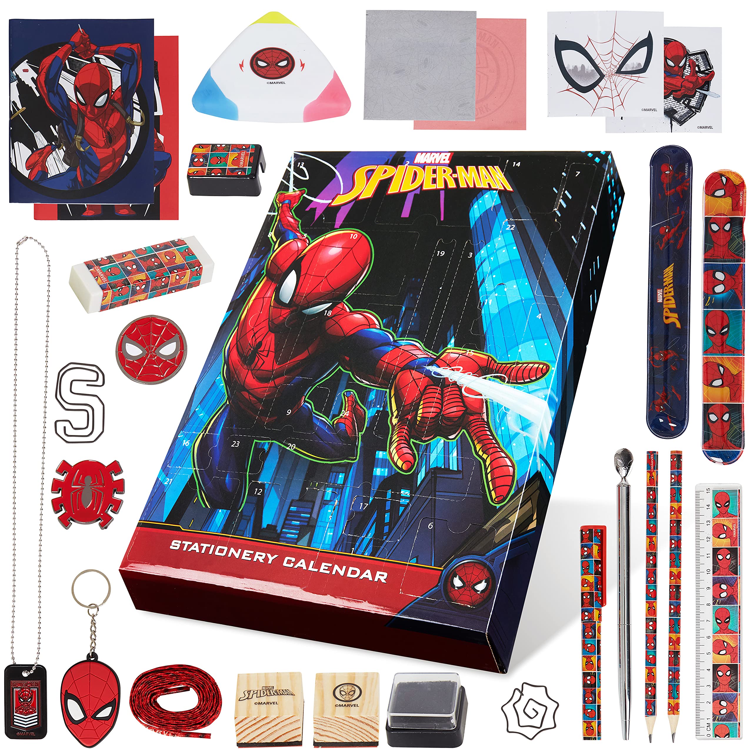Marvel Spiderman Advent Calendar 2025 Stationery and Accessories Avengers Christmas Countdown Calendar with Pen Keyring Snap Bracelets (Multi Spiderman)