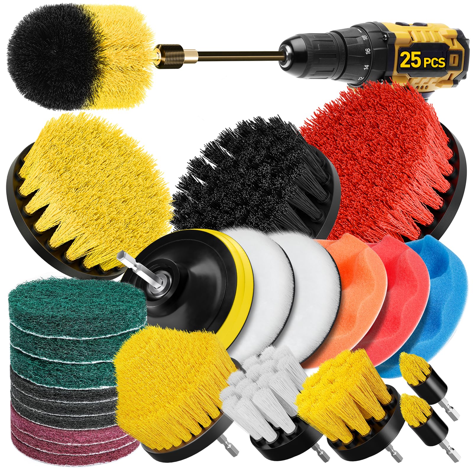 Photo 1 of CasaCulina 25 Pack Drill Brush Attachment Set, Scrub Pads & Sponge, All Purpose Power Clean Scrubber Brushes with Extend Long Attachment, Car Polishing Pad Kit, Cleaning Supplies for Grout Tile Sink