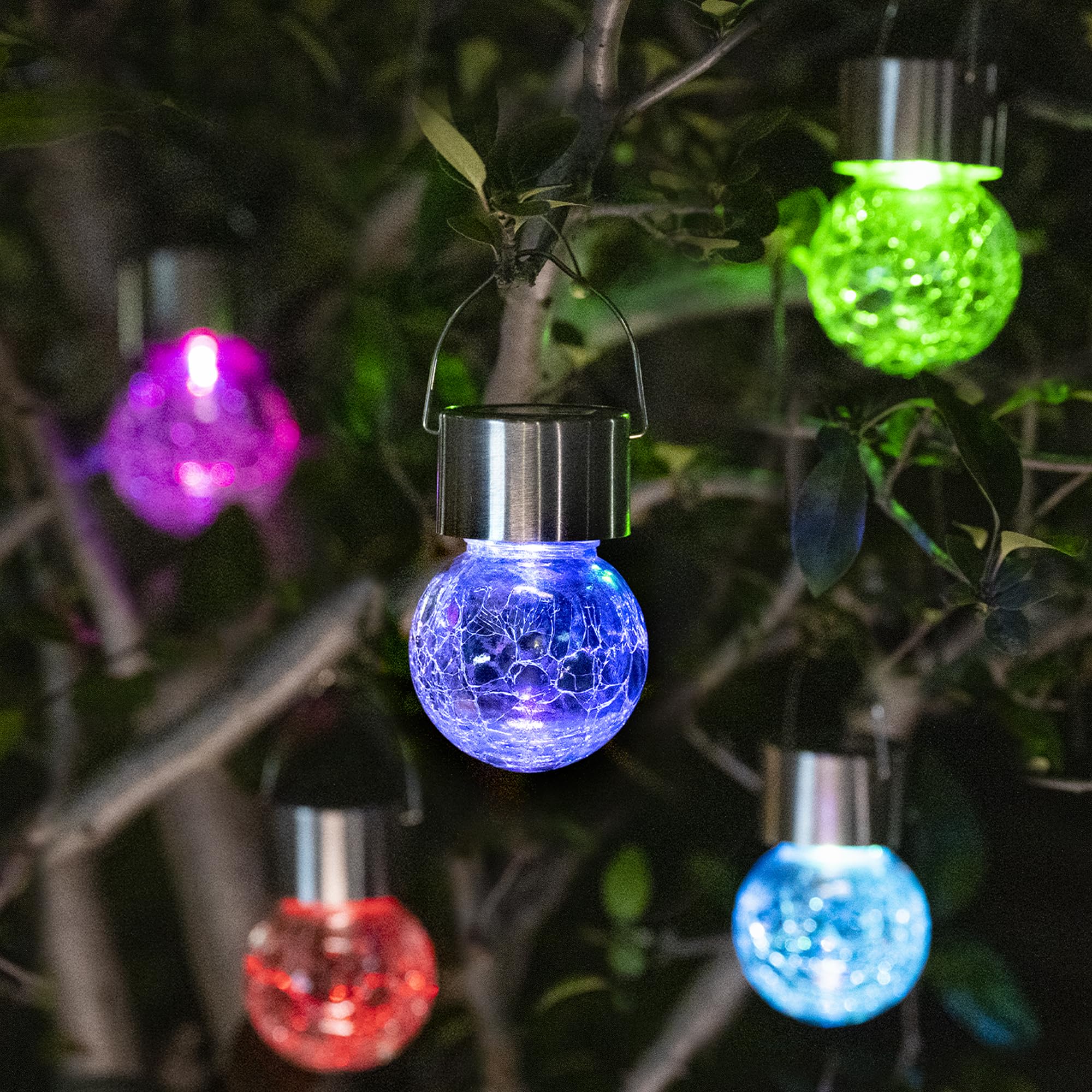 GIGALUMI 8 Pack Solar Hanging Lights: Multi-Color Changing Cracked Glass Hanging Ball Solar Outdoor Lights - Waterproof Lanterns for Garden, Yard, Patio, Lawn