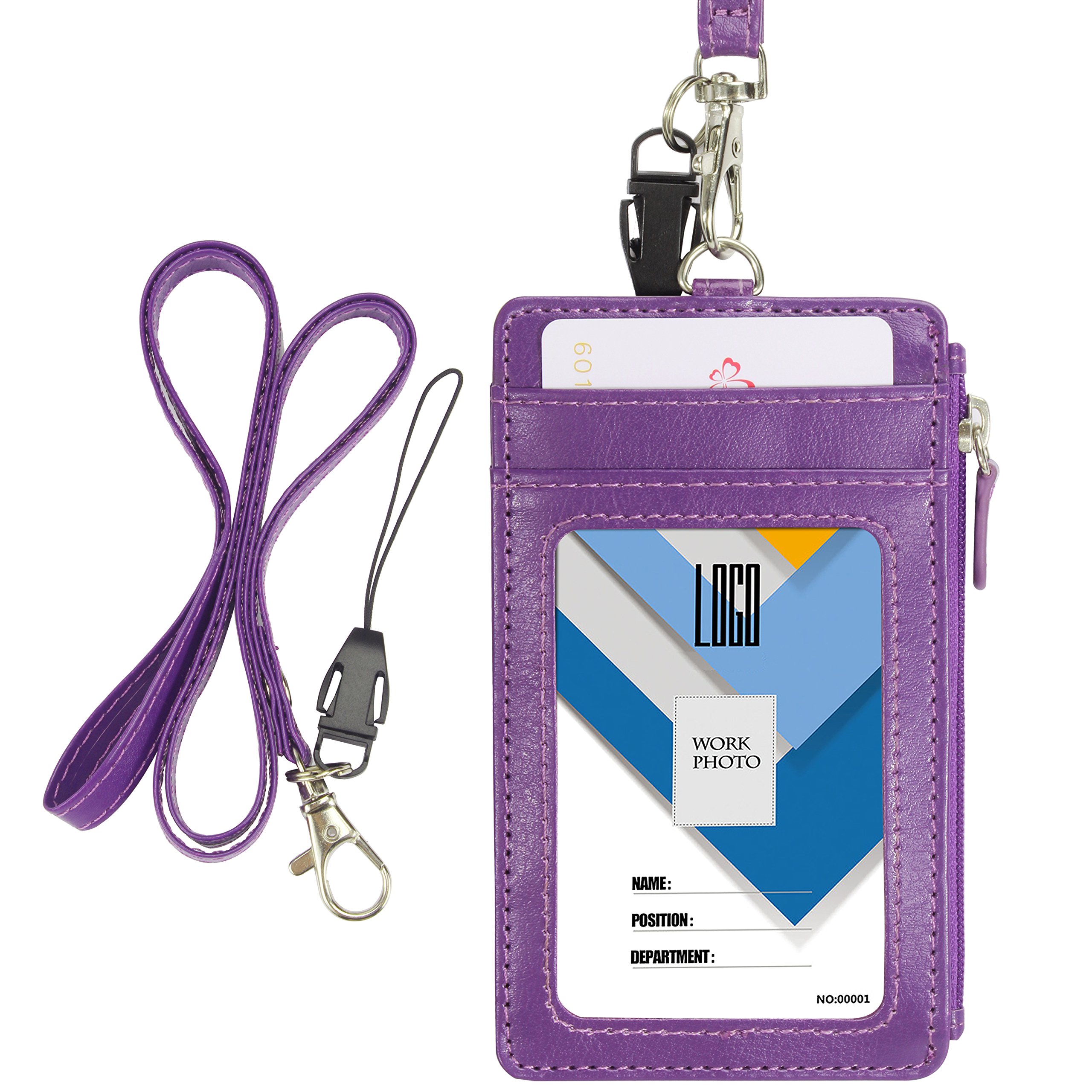Wisdompro Badge Holder with Lanyard - Vertical PU Leather ID Card Holder with 1 ID Window, 4 Card Slots and Zippered Pocket, Double Sided – Purple