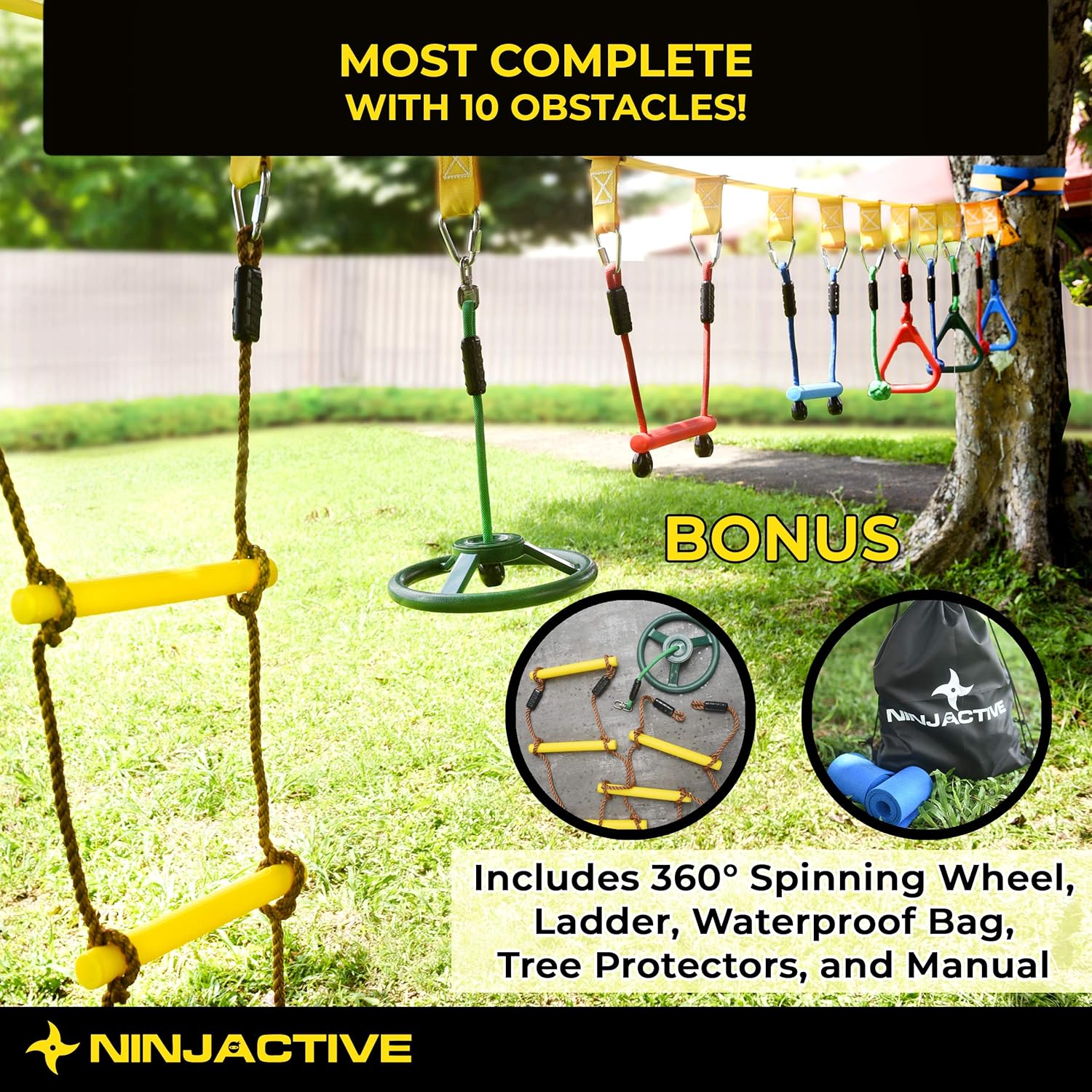 NINJACTIVE Ninja Warrior Obstacle Course for Kids - Weatherproof 50' Ninja Slackline Kit with 10 Obstacles Like Ladder, Spinning Wheel - Ninja Warrior Training Equipment with Slack Line for Backyard: Toys & Games