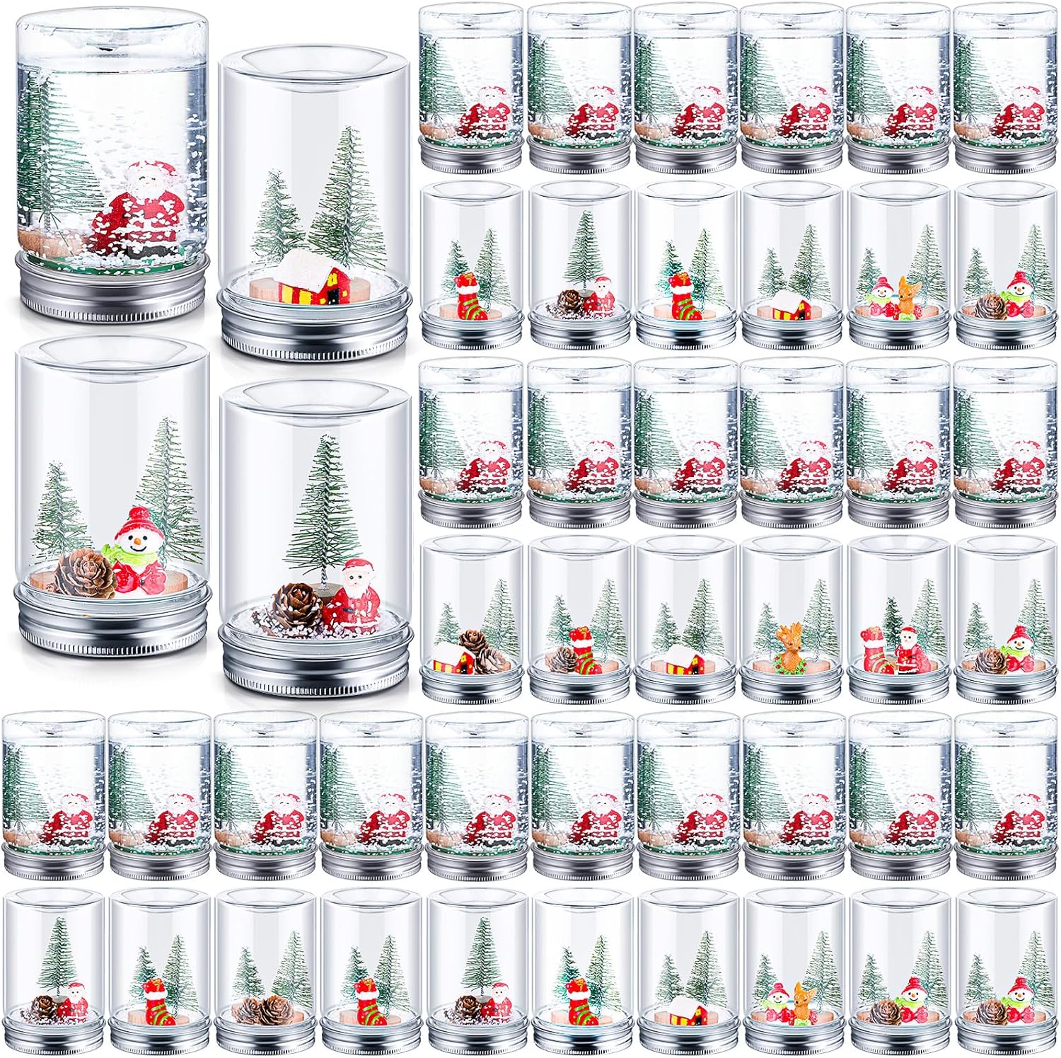 Snow Globes - Soaoo 48 Pack Christmas Clear Plastic Snow Globe Kit with Mini Christmas Tree Artificial Pine Cone Santa Claus Snowmen Reindeer Stocking House Faux Snow Flake for Xmas Holiday DIY Crafts Decorations