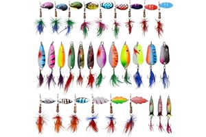 FUSIGO Rooster Bait Tails Spinner Fishing Lures Kit, 30pcs Hard Metal Spoon Lures with Treble Hooks Rooster Spinner Baits for Bass Walleye Trout Freshwater Saltwater