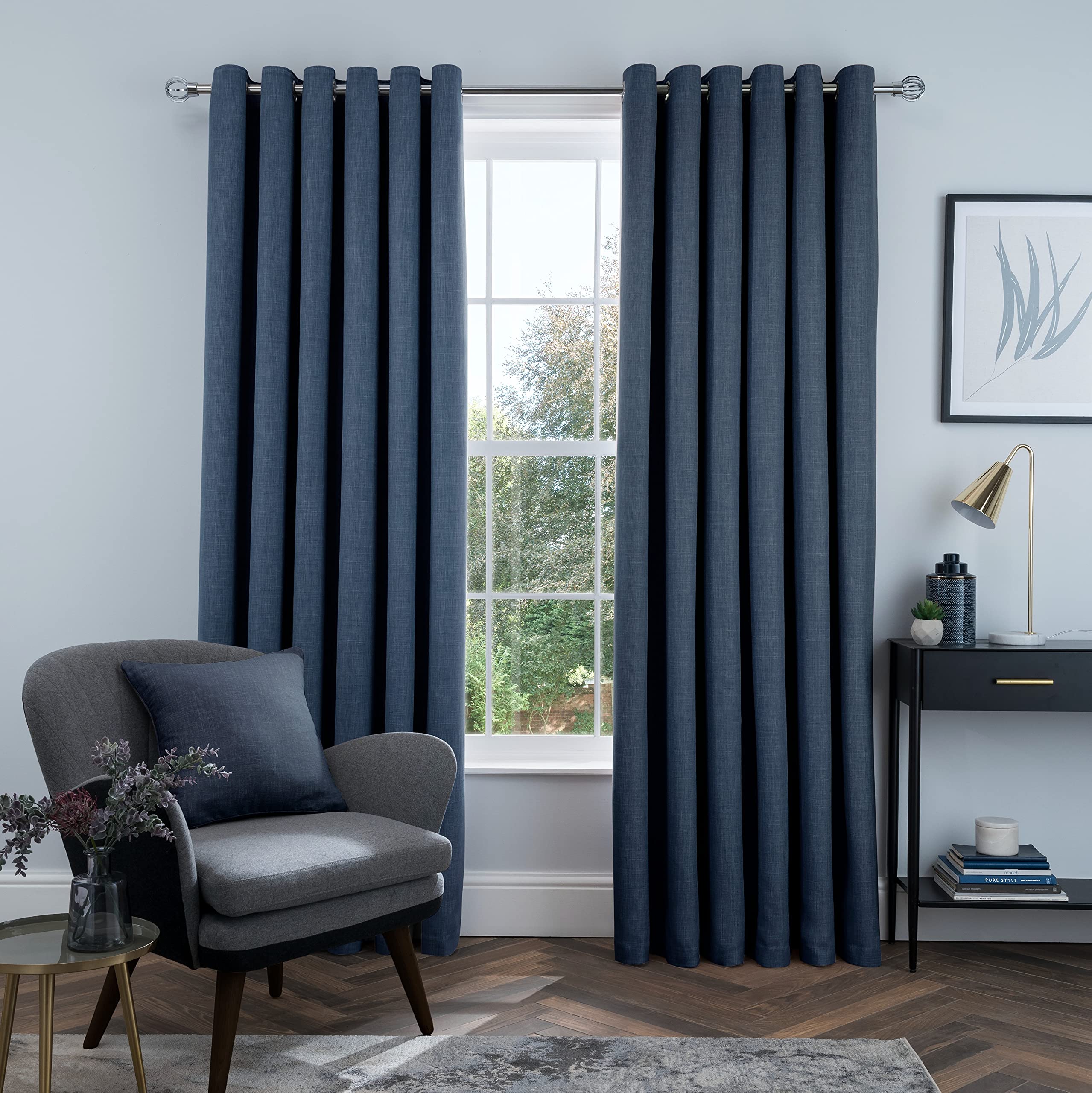 Sleepdown Linen Look Eyelet Blackout Lined Curtains Thermal Insulated for Bedroom and Living Room 46 x 54 Inch Navy, 5056242838340