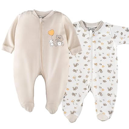 2er Set - Jacky Baby Schlafstrampler/Schlafanzug mit Füßen/Unisex / 100% Baumwolle/Weiß/Beige/Öko-Tex schadstoffgeprüft (50/5