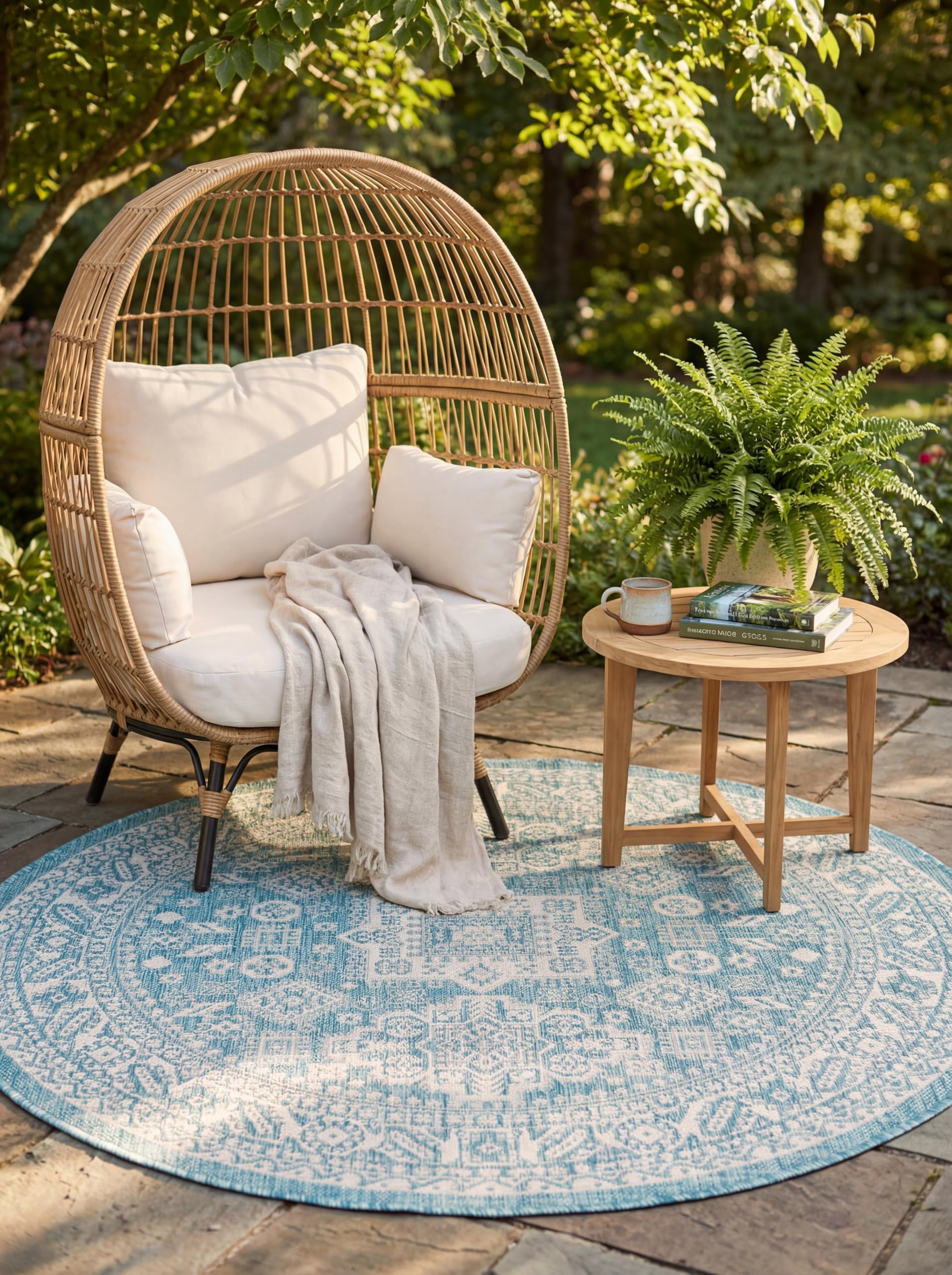 Rugs.com Outdoor Aztec Collection Rug – 8 Ft Round Aqua Flatweave Rug Perfect for Kitchens, Dining Rooms Image