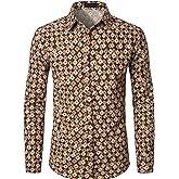PARKLEES Men's Cotton Linen-Like 70s Disco Retro Traditional Pattern Printed Long Sleeve Button Down Shirt