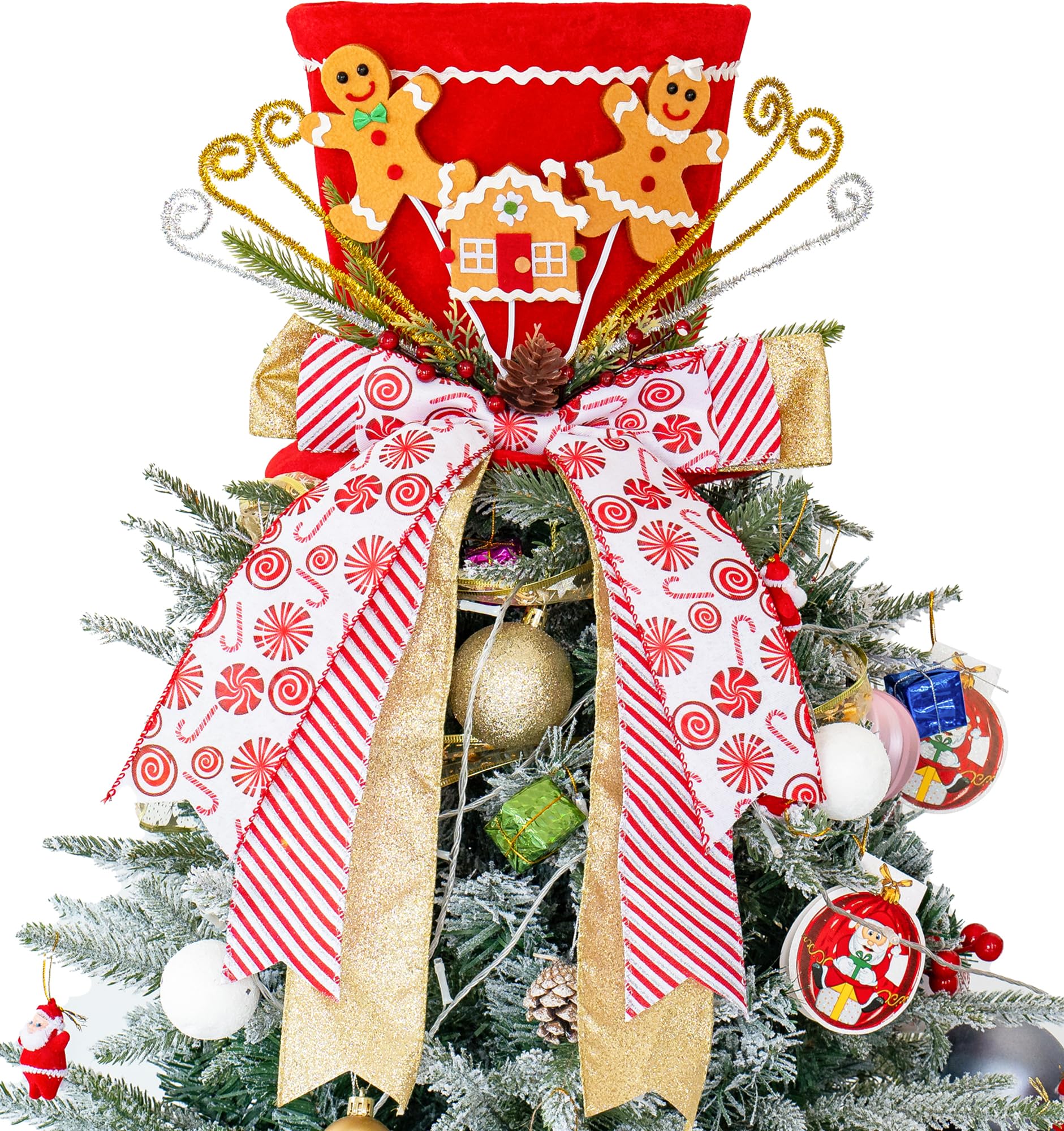 Colfiguorna Christmas Tree Topper Hat, Gingerbread Man Xmas Tree Toppers Large Red Sequins Hat with Lengthened Ribbon, Christmas Tree Ornaments for Christmas Holiday