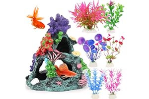 MyLifeUNIT Fish Tank Plants, 7 Pieces Colorful Aquarium Plants and Coral Reef Set for Fish Tank Decoration, Mountain Cave Ornament for Betta, Goldfish to Breed, Play and Rest