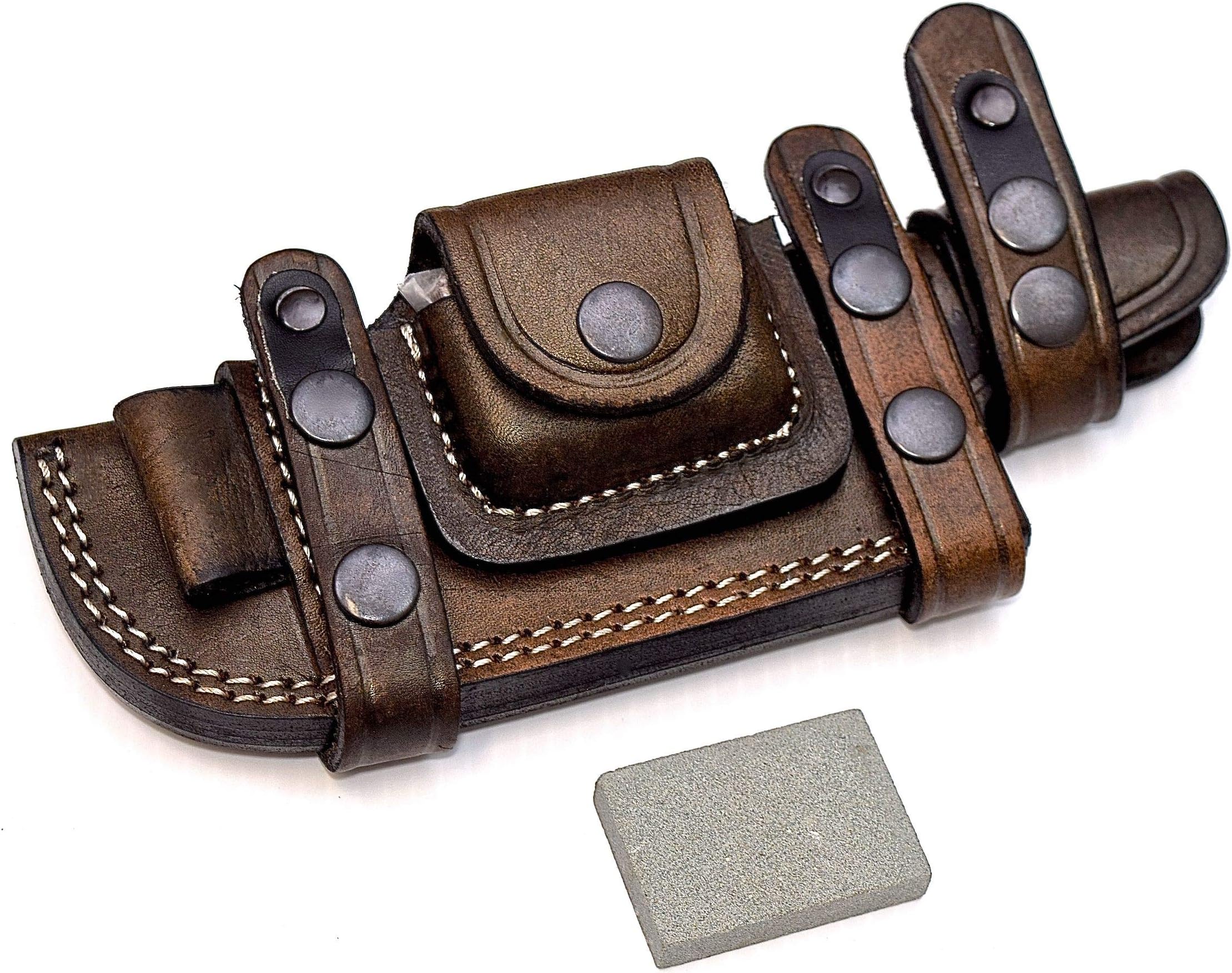 CFK Cutlery Company Custom Handmade Brown Bushcraft Tracker/Skinner Knife Buffalo Leather Right/Left Hand Horizontal Scout Sheath & Sharpening Stone Set CFK138