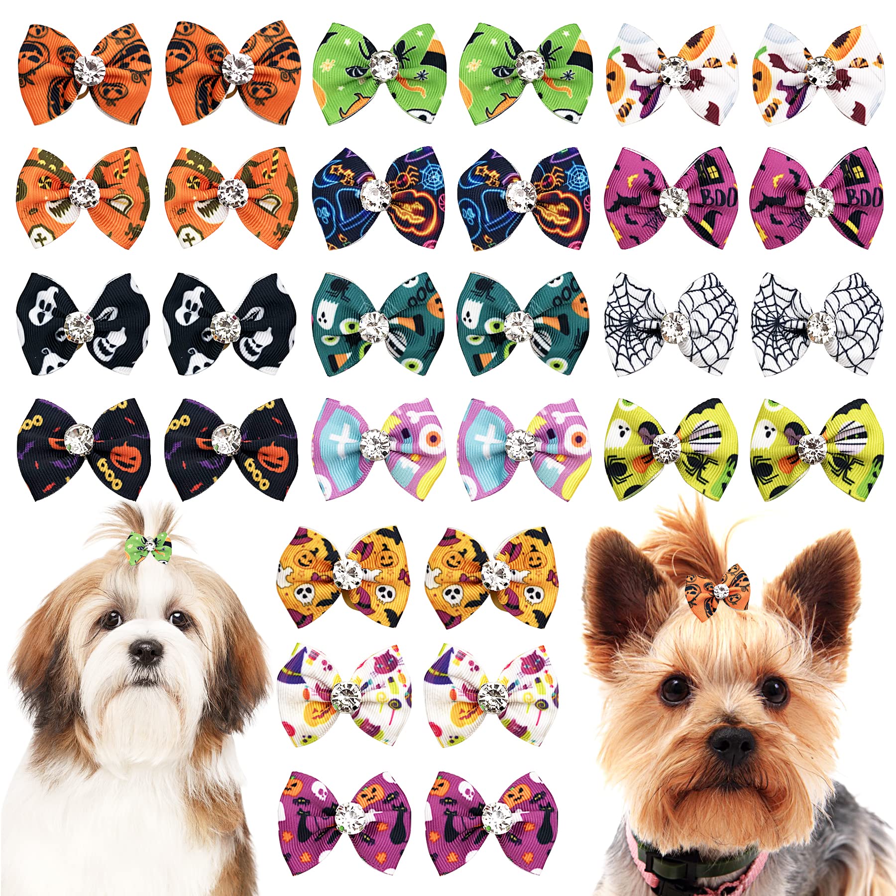 JpGdn 30pcs Halloween Dog Hair Bows with Rubber Band Rhinestone Topknot Bowknot for Doggie Cat Kitten Rabbit Small Medium Boy Girl Pet Hair Grooming Accessories Attachment