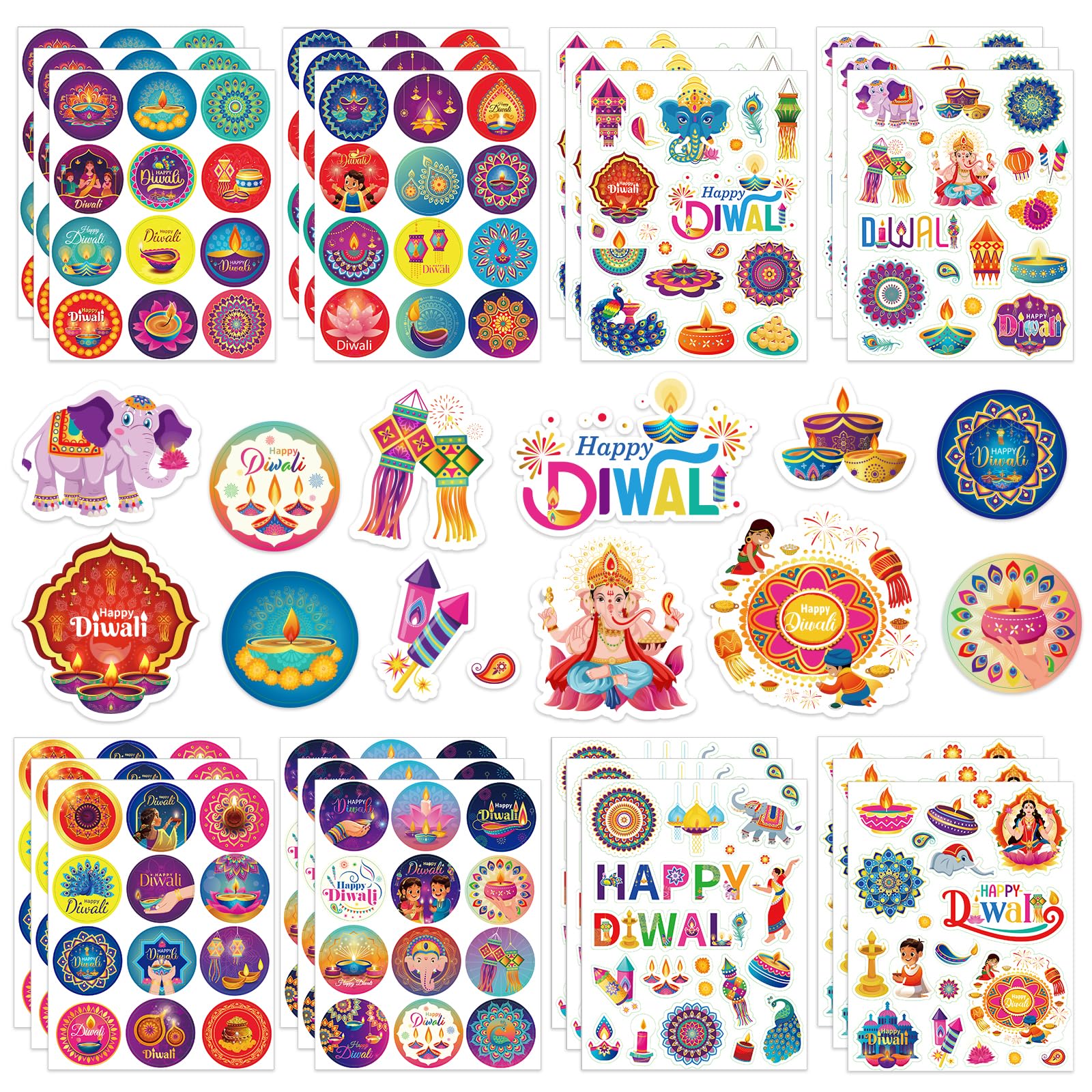 HOWAF 24 Sheets Happy Diwali Stickers 330+ Diwali Diyas Rangoli Stickers Labels Crafts for Kids Gifts Box Gift Cards Gift Stickers Party Favors Happy Diwali Decorations Indian Decorations