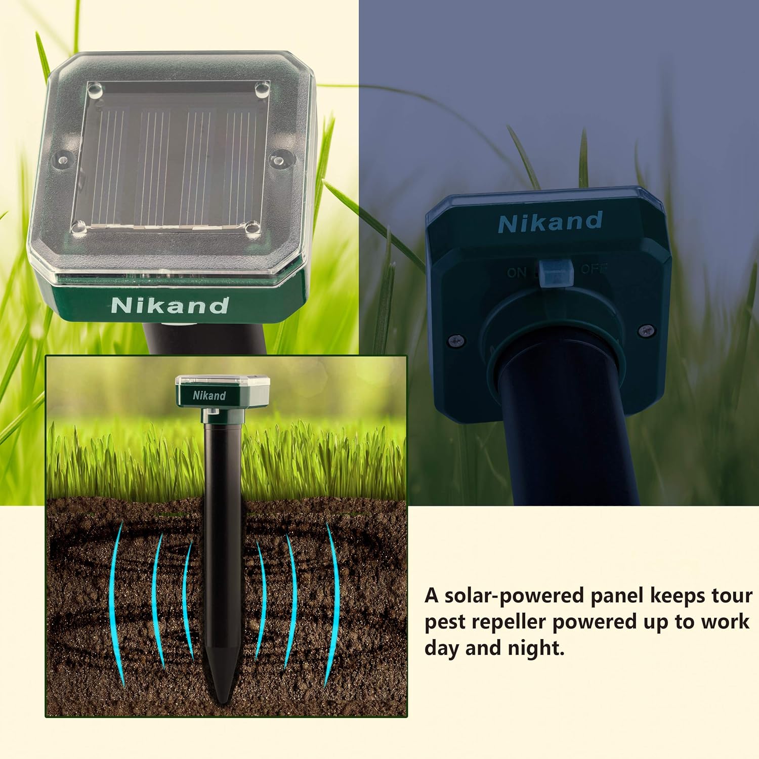 NIKAND Solar Mole Repellent Ultrasonic 4 Pack Outdoor Powered Sonic Deterrent - Mole Stopper Scare Vole for Lawn Garden & Yard Home - Groundhog Repeller Snake Rodent Gopher Spikes Chaser Pest Control: Health & Personal Care