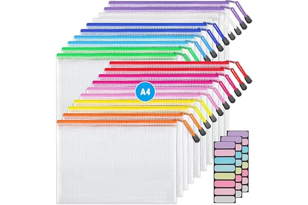 JARLINK 20 Pack 10 Colors Zipper Mesh Document Pouch, Letter Size/A4 Size, Plastic Water-Resistant File Bags, for School Offi