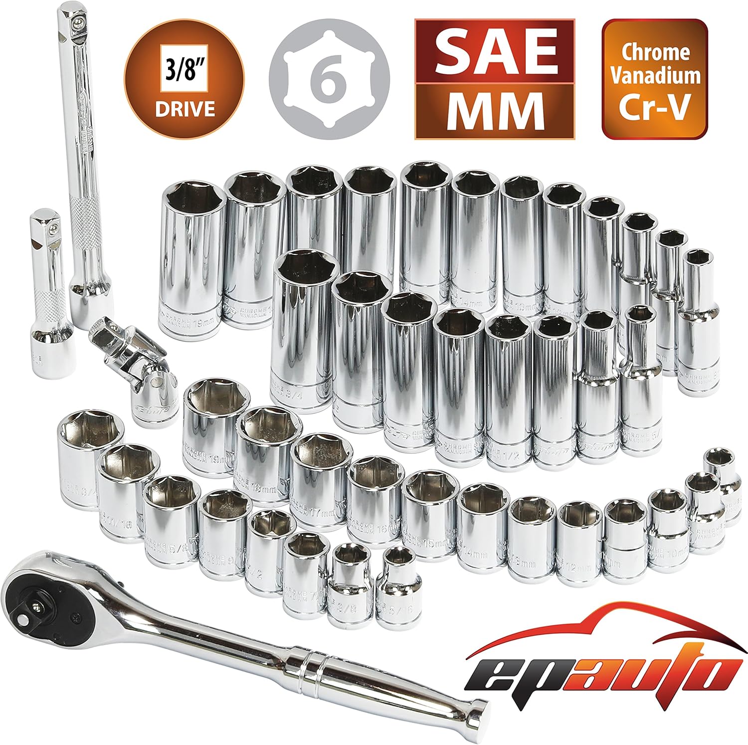EPAUTO 45 Pieces 3/8" Drive Socket Set with 72-Tooth Pear Head Ratchet: Automotive