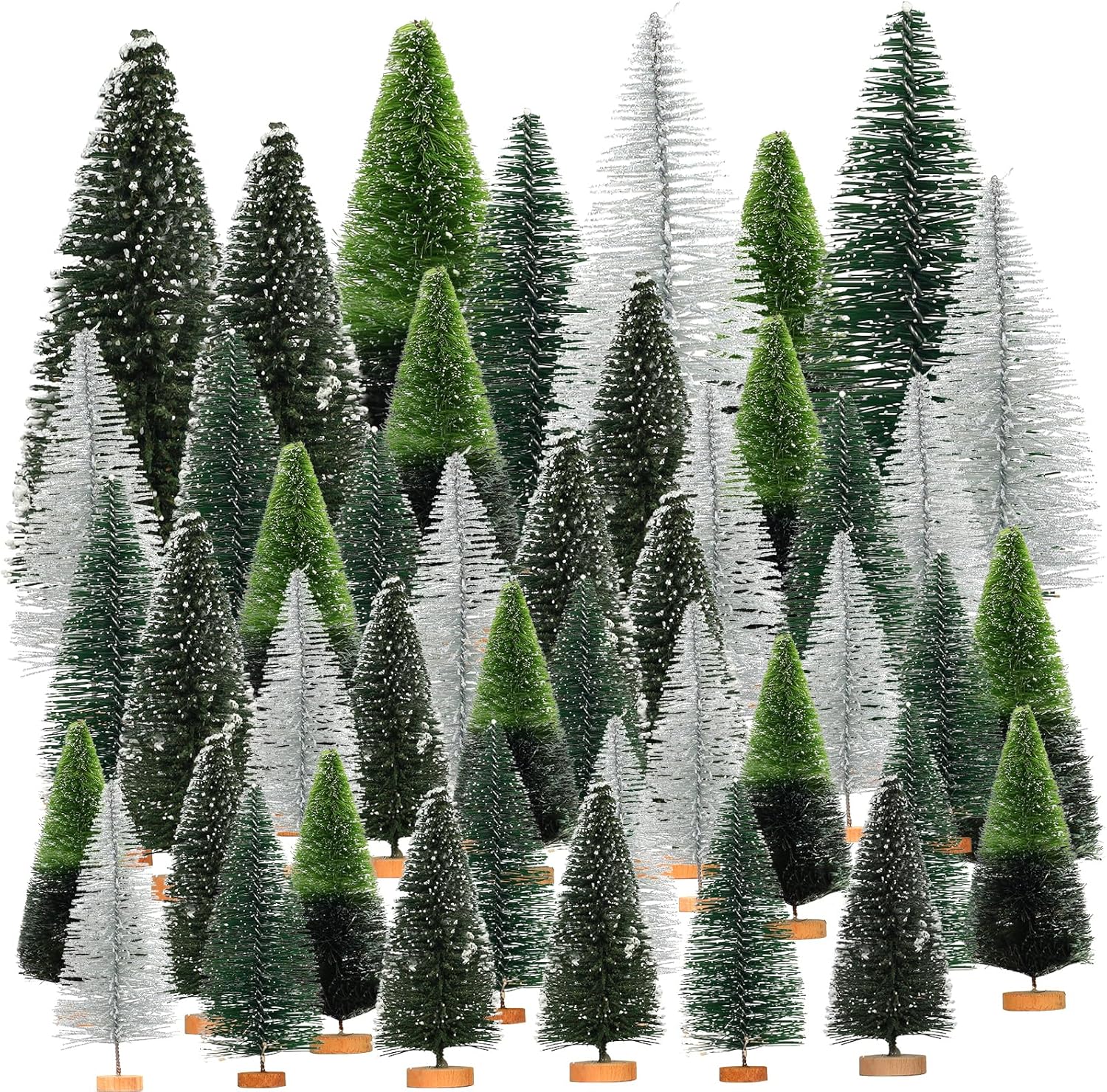 Trees - 44 Pieces Artificial Mini Christmas Trees,Green Bottle Brush Christmas Trees,Snow Frosted Christmas Tree with Wood Base, Sisal Trees Pine Trees for Crafting Christmas Home Decor