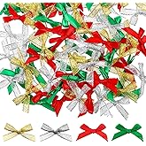 100 PCS Christmas Tiny Bows, Christmas Tree Bows Decor, Mini Gift Wrapping Ribbons Bow Ornaments, Bows for Crafts Home Decor Tree Decor Gifts Wrapping(Gold, Silver, Red, Green)