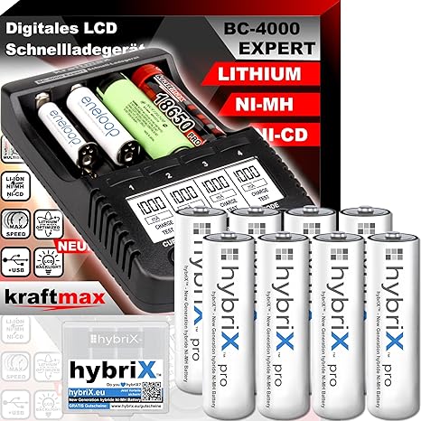 Original BC-4000 EXPERT Ladegerät + 8 hybriX Pro Mignon AA Akkus - SET mit Ladestation und Akku Batterien in kraftmax Premium