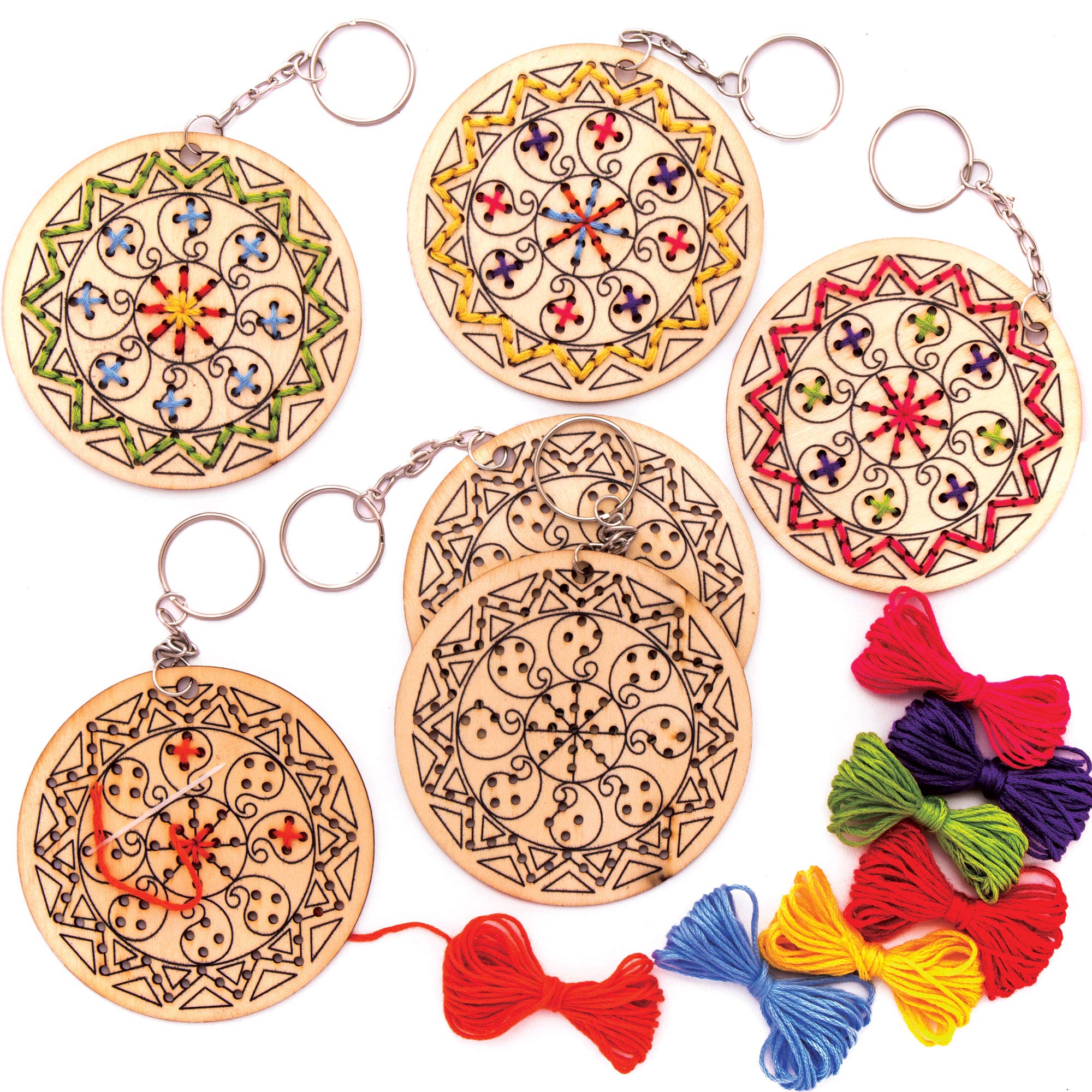 Baker Ross AW984 Rangoli Wooden Cross Stitch Keyring Kits (Pack of 5) -Arts and Crafts for Kids, Assorted