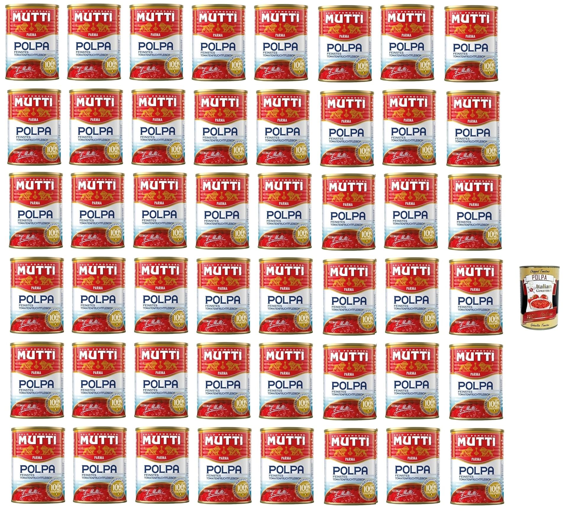 Mutti Polpa – Feinstes Tomatenfruchtfleisch in Stücken – 100% italienische Tomaten aus Parma – aromatisch & vielseitig für Pizza, Pasta, Saucen – schonend 48x dose 400 g + Italian Gourmet polpa 400g