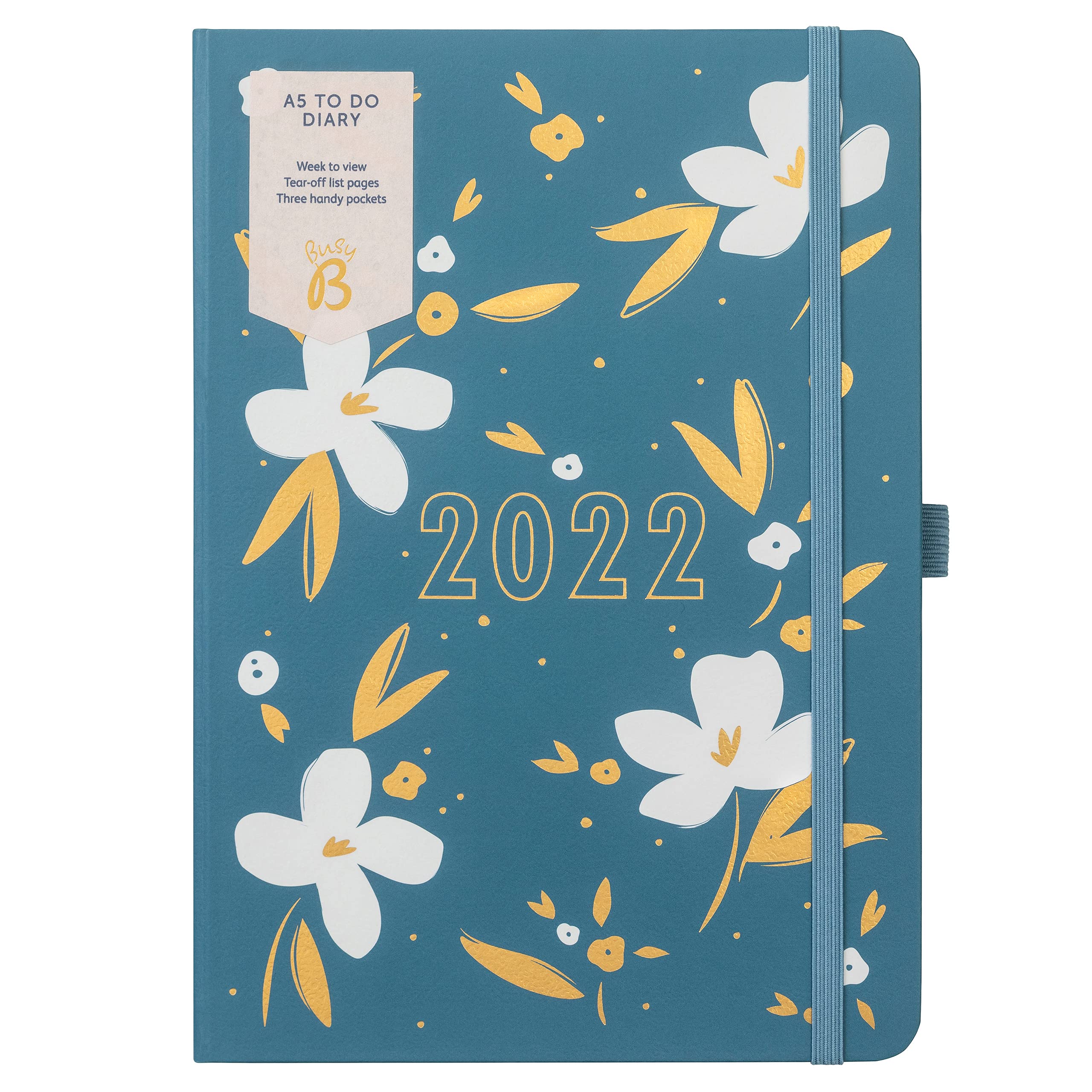 Busy B to Do Diary January to December 2022 - A5 Blue Floral Week to View Diary with Notes, Tear-Out Lists & Pockets
