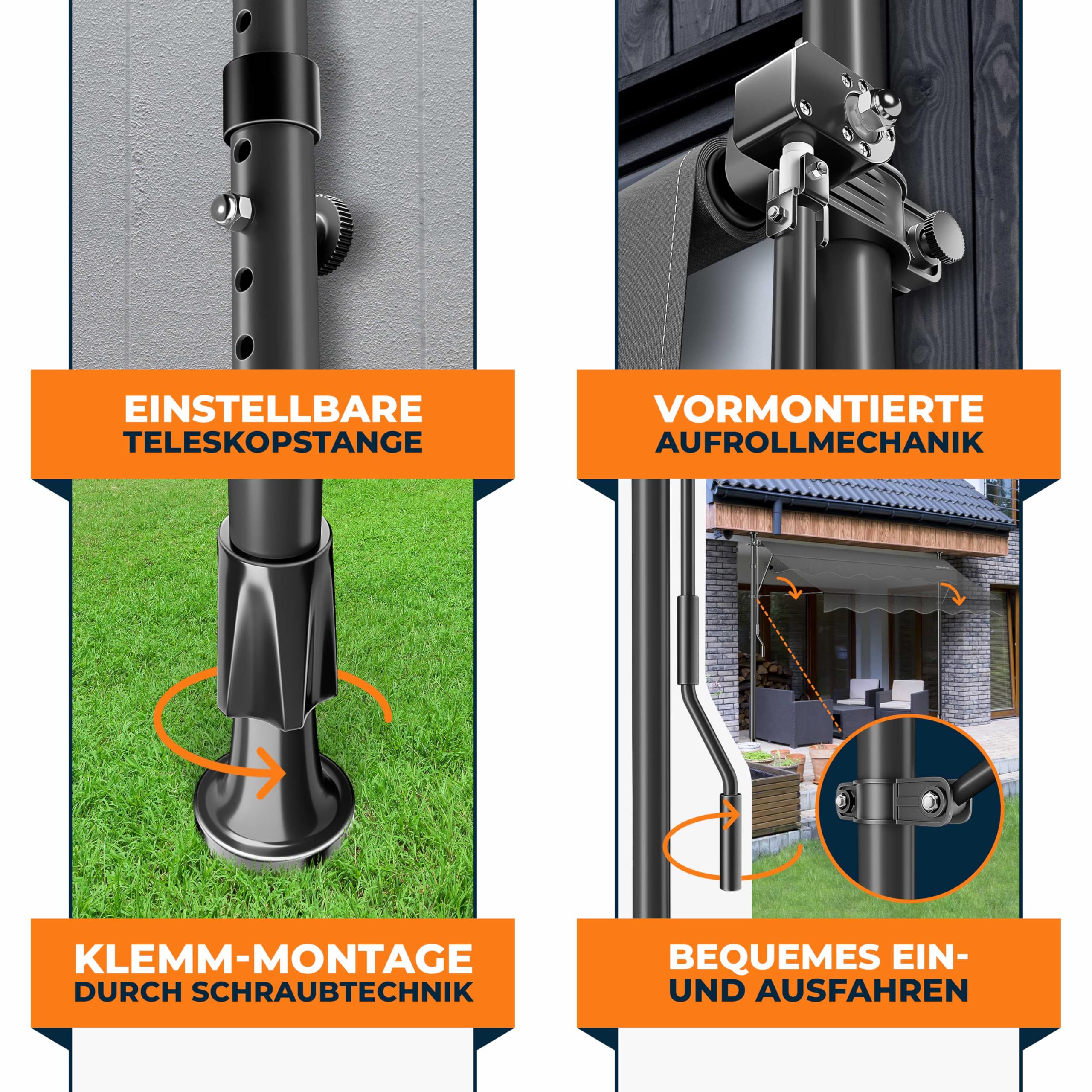 KESSER® Sonnenschutz Markise manuell ausziehbar 300cm | Sonnensegel UV Schutz Sonnenschutz | Klemmmarkise für Outdoor, Terrasse, Balkon, Garten höhenverstellbar ohne Bohren, Anthrazit 3