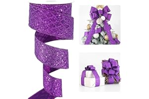 HUIHUANG Purple Wired Ribbon for Christmas Tree 2.5 inch Purple Glitter Diamond Mesh Ribbon for Tree Decoration, Wreaths, Garland, Gift Wrapping, Large Bows Making, Halloween Decor -10 Yards