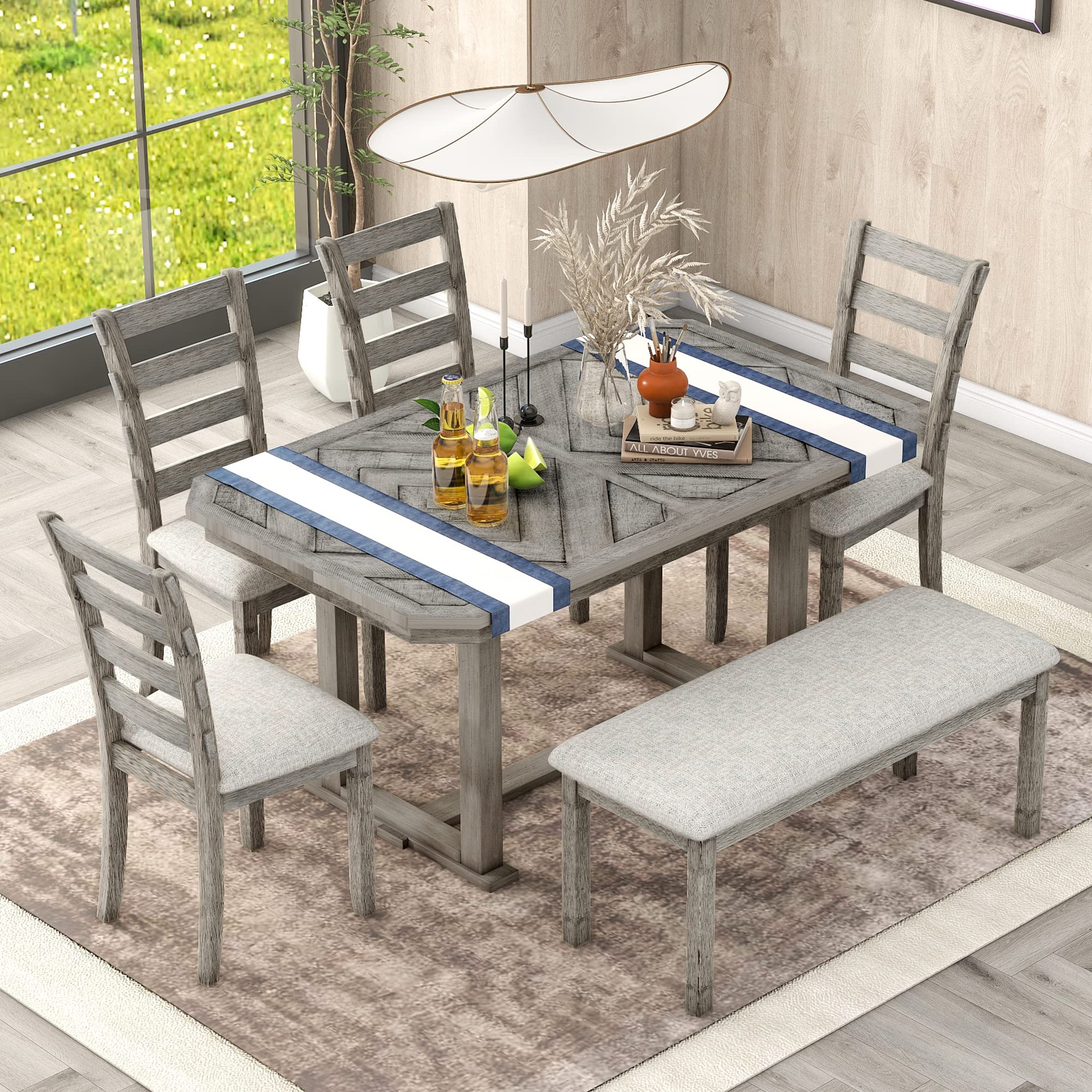 Photo 1 of ***PARTIAL SET (2/3 BOXES) PRICE ADJUSTED ***TRUCK/TRAILER PICKUP ONLY***
Merax 6-Piece Rubber Wood Dining Table Set with 4 Cushioned Chairs and Bench, Beautiful Wooden Grain Pattern Tabletop, Grey