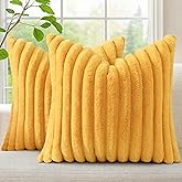 decorUhome Cozy Faux Fur Spring Throw Pillow Covers 18x18 Set of 2 Decorative Soft Plush Striped Modern Farmhouse Boho Couch Pillow Cases with Velvet Back for Sofa Bed Living Room, Mustard Yellow