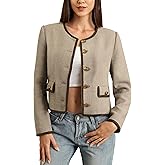 M.Infisavo Womens Cropped Tweed Jackets with Pockets, Collarless Shackets Casual Outerwear Golden Button Down Vintage Blazer