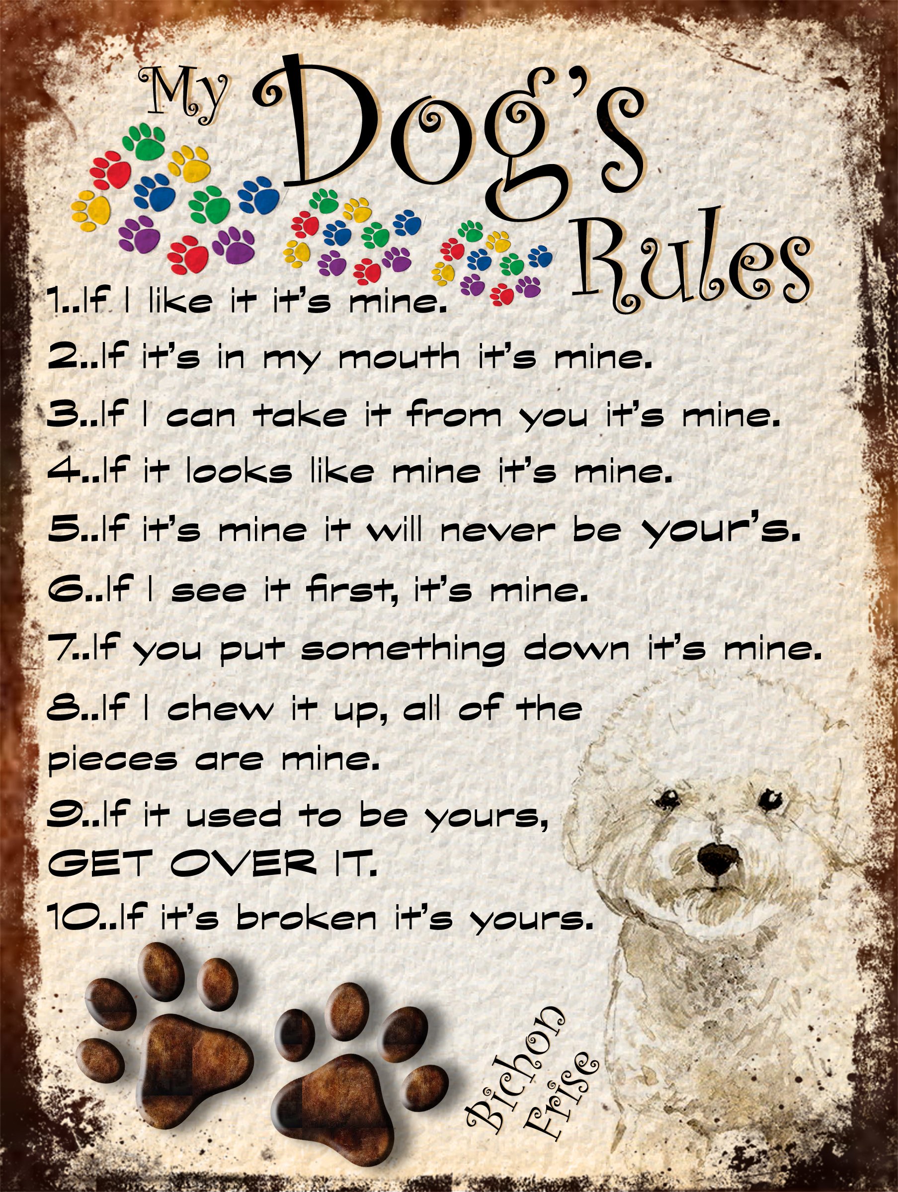 MY DOG'S RULES RETRO STYLE METAL TIN BICHON FRISE SIGN/PLAQUE THEME 10" X 8" (47DRM)