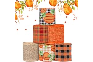 ZYP 6 Rolls 30 Yards Fall Burlap Ribbon, 2.5″W Buffalo Plaid Wired Edge Ribbon with Pumpkin Pattern Thanksgiving Theme Craft Ribbon Rustic Autumn Harvest Ribbon for Wrapping Gifts Making Wreath Bow