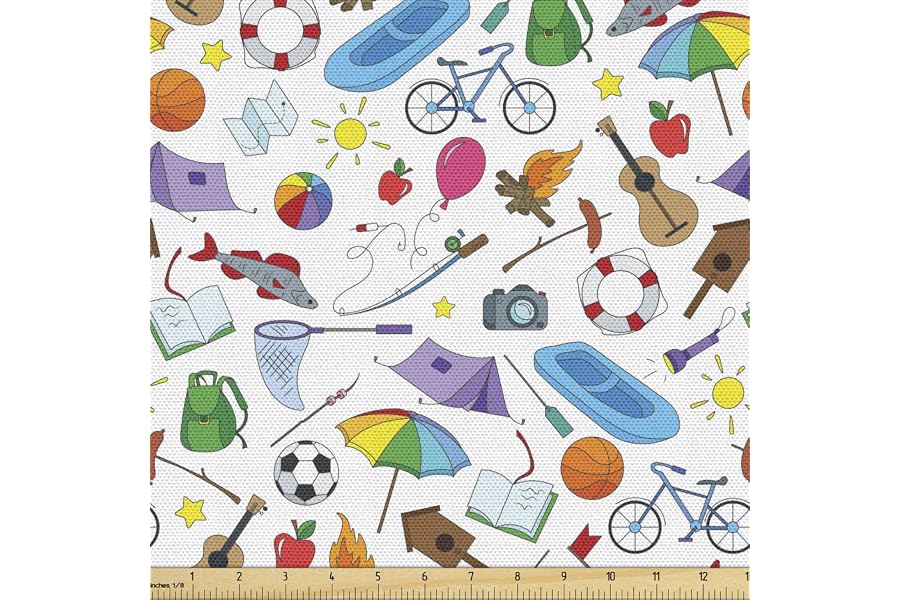Lunarable Happy Camper Fabric by The Yard, Summer Season Vacation Themed Colorful Elements Ball Bicycle Raft and Oars, Decorative Fabric for Upholstery and Home Accents, 2 Yards, Multicolor