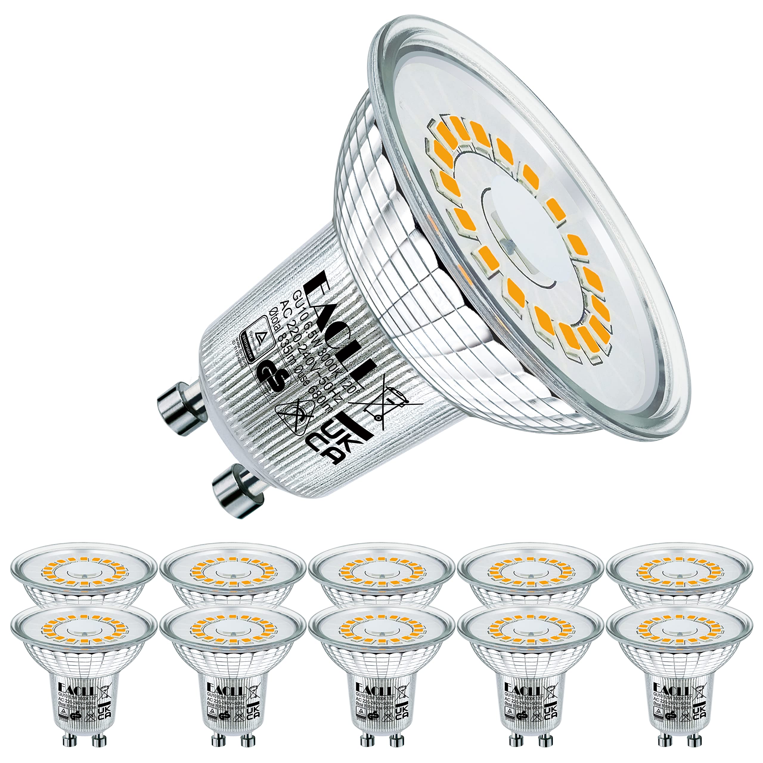 EACLL GU10 LED Bulbs Warm White 6.5W Replaces 90W Halogen Bulbs, Pack of 10, 835 Lumen 3000K, AC 230 V Flicker-Free Spotlight Beam Angle 120° Spot, Non-Dimmable Shorter Reflector Lamps