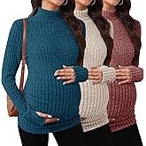 Sweetyweee 3 Pack Maternity T-Shirts Pregnancy Tops Women Sweater Long Sleeve Turtleneck Ribbed Finger Sleeve Outfits