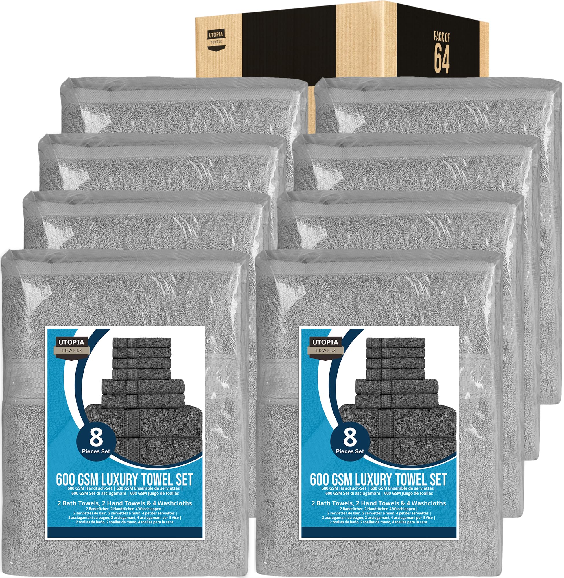 Utopia Towels Set, 16 Bath Towels, 16 Hand Towels, and 32 Washcloths, 600 GSM Ring Spun Cotton Highly Absorbent Towels for Bathroom, Shower Towel, (Pack of 64) (Cool Grey)