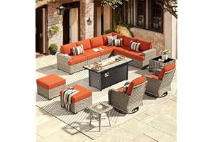 HOOOWOOO Outdoor Sectional Patio Furniture Set with Fire Pit Table,13 Pieces Wicker Conversation Sets L Shaped Couch,Extra Deep Out Door Sofa Outside Furniture with Swivel Chairs Ottomans,Brick Red