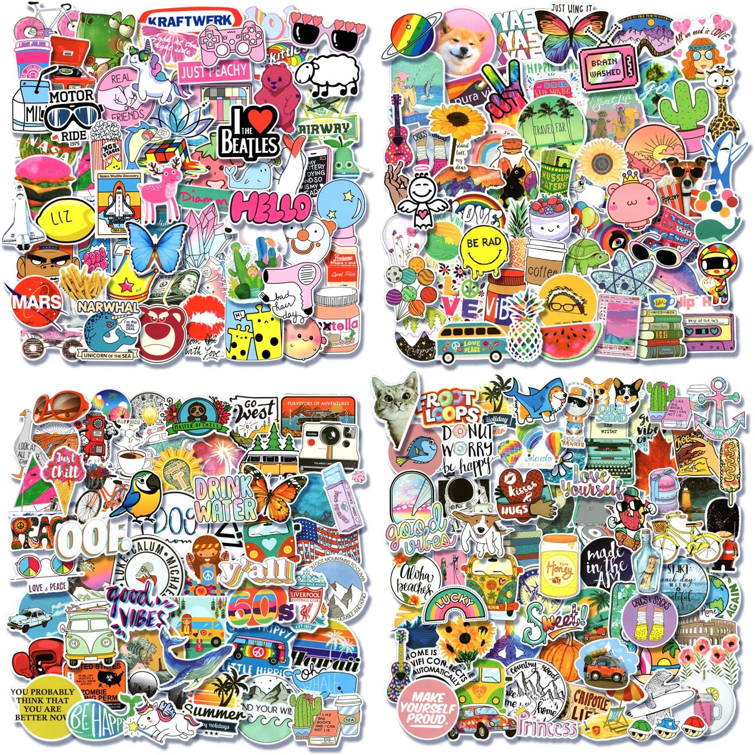 300 PCS Random Stickers Pack (50-500Pcs/Pack), Colorful Waterproof Stickers for Flask, Laptop, Phone, Water Bottle, Cute Aesthetic Vinyl Stickers for Teens, Girls