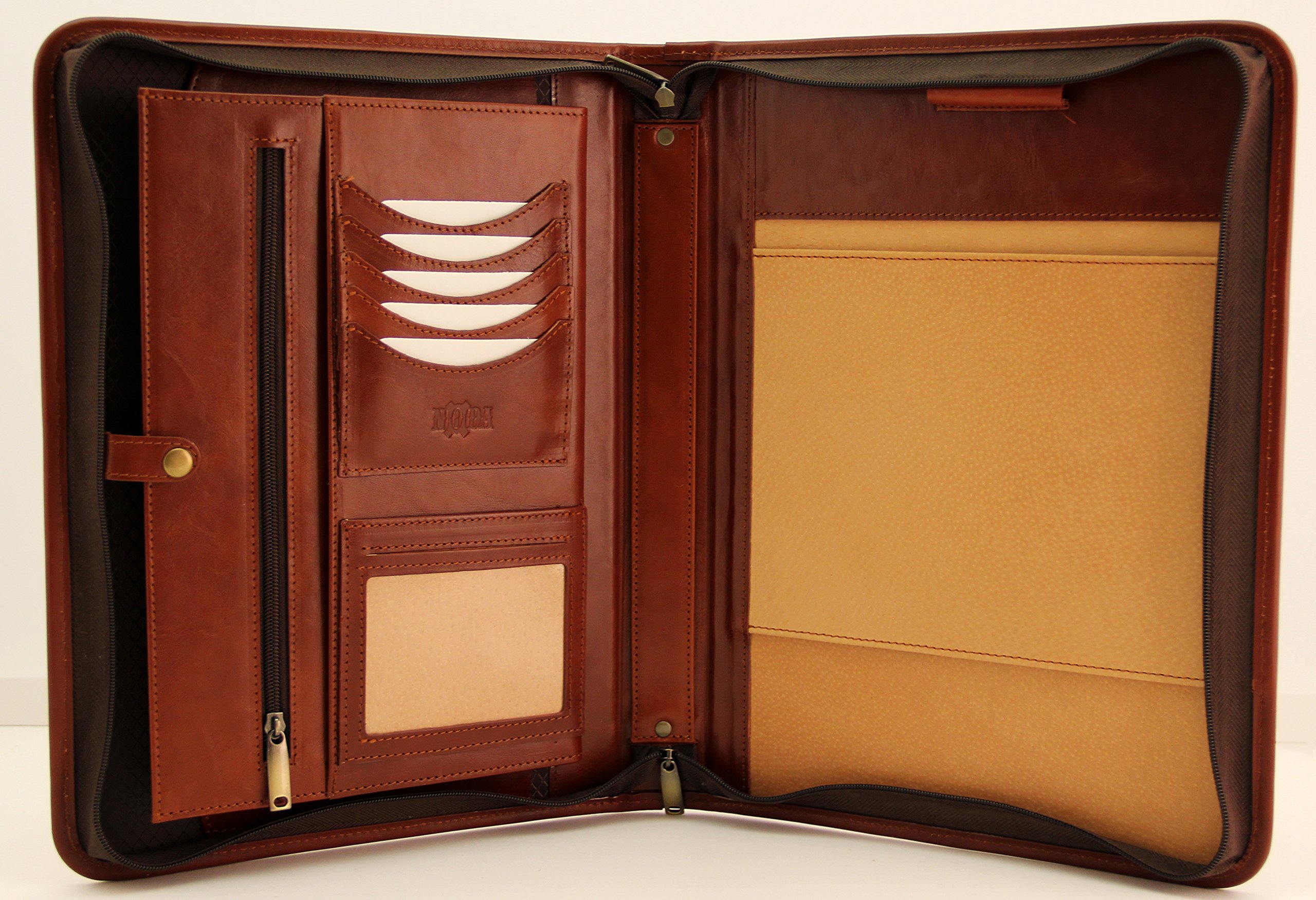 Italian Leather Portfolio, Zipped Conference A4, Folder, Padfolio, Leather Folio with Handle (Cognac)